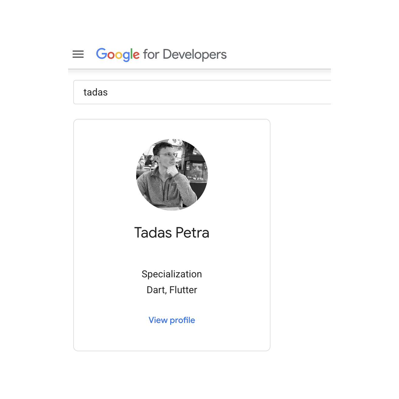 Google Developers profile for Tadas Petra specializing in Dart and Flutter