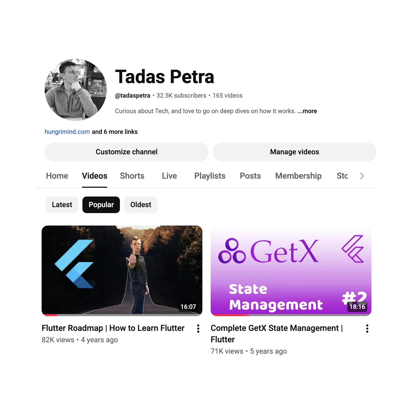 Tadas Petra YouTube channel showing popular Flutter videos